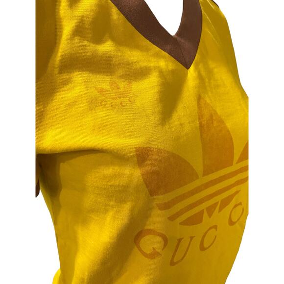 Gucci Adidas Rare Womens Logo V Neck T Shirt Gold Small - Picture 2 of 8